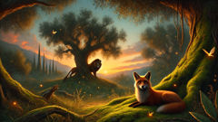 El astuto zorro y el viejo león se sientan al atardecer en un claro cubierto de musgo en un bosque griego.