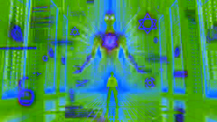 Aria confronting a towering digital djinn composed of holographic glyphs in Fractal