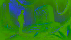Elisa se encuentra ante un antiguo altar de piedra, cubierto de musgo, mientras susurros inquietantes llenan el aire. Mateo la observa tenso desde atrás.