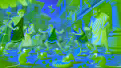 Humorous scene of Abderites battling a mouse infestation with olives and cheese pies