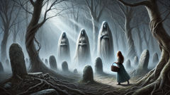 Three veiled white women materialize in swirling forest mist before a frightened young woman.