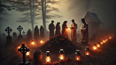 Villagers performing grave rites under lantern light near a disturbed burial mound
