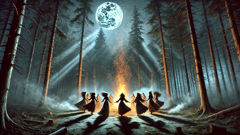 Witches dance around a fire in a forest clearing on Walpurgis Night.