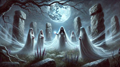 Veiled spirits and Marit make a solemn bargain in a moonlit misty glade among ancient stones.