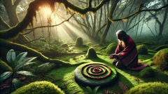 A wise Indigenous elder kneeling by a spiral of berries on a mossy stone in the forest