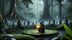 Kurupi and Milagros make a pact under moonlight in a Guarani stone circle