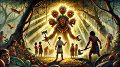 Teju Jagua confronts Yaguareté in the forbidden fruit grove while Nanduti pleads for mercy