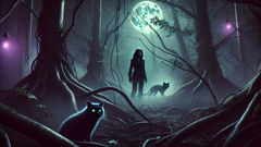 The Wampus Cat’s emerald eyes peer through moonlit forest shadows as Ayita stands her ground
