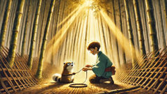 Shohei secourant un tanuki blessé dans un bosquet de bambous baigné de lumière.