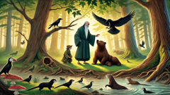 Nanabozho in animal forms teaching crow, bear, and otter valuable lessons in a lush Canadian forest