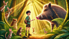 Kintaro wrestling a giant wild boar as forest animals watch.