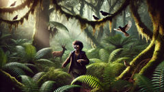 A boy with wild hair playing among ferns as animals gather in a Chilote forest