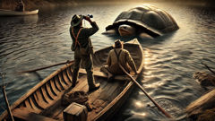 Men on a wooden rowboat startled as a massive turtle shell breaks the lake’s surface.