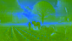Hombre guiando un arado a través de la tierra de primavera bajo árboles en flor.