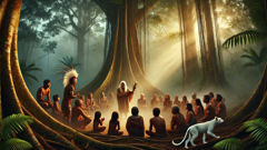 Elders and children gather under ancient trees as Jaci passes on his amulet and wisdom.