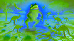 Tiddalik laughs as water pours from his throat, revitalizing the Outback
