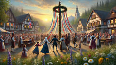 Villagers and witches dance together at a colorful Maypole festival in Wernigerode.