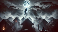 A shadowy figure with glowing eyes glides through a moonlit Ashanti village.