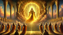 Inanna, restaurada y resplandeciente, asciende del Inframundo a través de puertas iluminadas por un resplandor dorado.