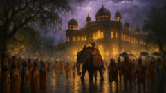 Bahmani Sultanate palace during an Indian monsoon festival with processions and colorful lights.