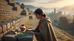 An offering left on a small stone altar beneath terraces: coca leaves, woven cloth, and a smear of chicha.