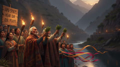 A river ritual where community members lay offerings and call for the Inkarrí's witness in defense of communal water rights.