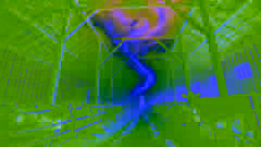Interior de um celeiro manchado por uma luz suspensa de violetas e verdes, proveniente de uma fonte alienígena.
