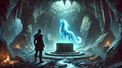 Eirik and the Huldra stand at the mouth of a misty mountain cave lit by ghostly blue lights.
