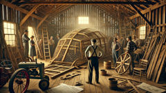 Gale Harris in his barn surrounded by giant turtle traps, blueprints, and tools.