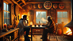 A scientist and a First Nations elder sharing tea in a cozy cabin filled with native art