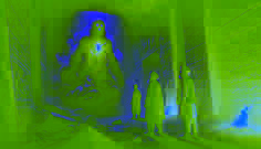 Inside a dark cave, a terrifying Djinn with glowing eyes emerges as two travelers stand frozen in fear.