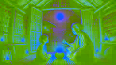 Una abuela le cuenta una leyenda sobre la luna a su nieta bajo la luz de la luna, dentro de una cabaña de bambú.
