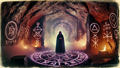 Brujo performing a dark ritual in a cave, transforming a child into the Imbunche.