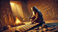 Sumerian messenger inscribing cuneiform on clay tablet by firelight in Uruk