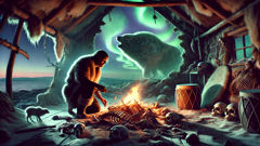 Ujarak weaving animal bones and sinew by firelight to create the Tupilaq.
