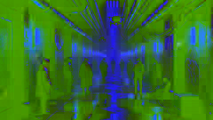 Des réfugiés évitant d'être repérés dans un tunnel souterrain faiblement éclairé d'une ville cyberpunk.