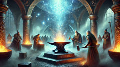 Dian Cecht and Miach forge a silver hand for Nuada under mystical blue light.
