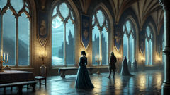 Undine stands in a grand castle hall overlooking the Rhine, Huldbrand and Bertalda nearby.