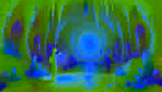  Mia inside a magical cave with glowing crystals and a golden orb floating above a radiant pool.