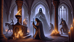 Sintram kneeling in a shadowy castle chapel, haunted by figures of Death and the Devil