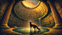 Ein Fuchs, der in einem tiefen steinernen Brunnen in Griechenland bei Dämmerung gefangen ist, blickt zum Licht empor.