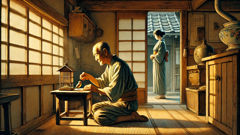 Un anciano cuidando con delicadeza a un gorrión herido con una cataplasma de hierbas dentro de una rústica cabaña japonesa.