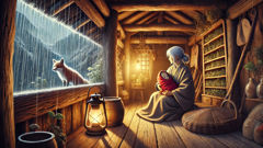 Yama-uba caring for baby Kintaro in her mountain hut.