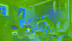 A greedy hyena devours food inside a village hut, knocking over pots, while a monkey watches smugly from the doorway.