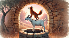 Ein Fuchs klettert in einem griechischen Brunnen auf den Rücken einer Ziege, um bei Tagesanbruch zu entkommen.