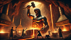 Héphaïstos forge Talos au milieu des étincelles et du métal en fusion, sous un ciel volcanique.