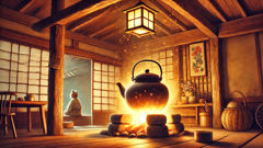 Bunbuku, le tanuki se transformant en théière près du feu de Shōhei.