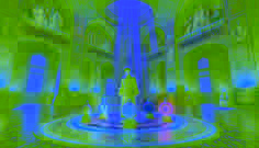 Pabellón central con un suelo de mosaico que exhibe una convergencia mística de reliquias iluminadas con luz suave.