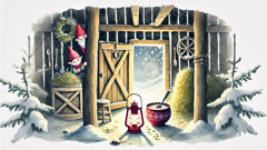 Nisse peeking from barn rafters on snowy Norwegian farm