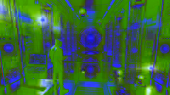 Un interior de bóveda elegante, iluminado por luces de seguridad de neón azul, con un hacker solitario frente a una consola luminosa mientras drones patrullan en el aire.